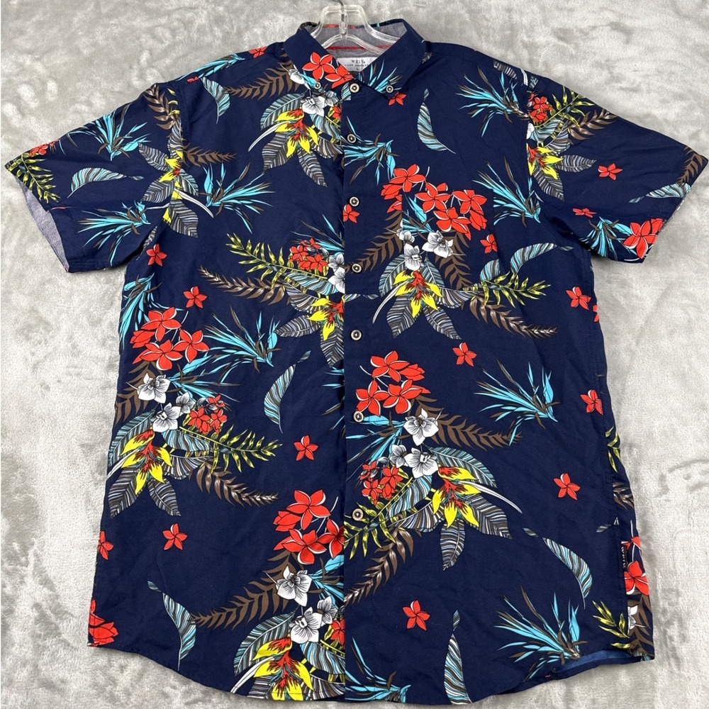 WEIV Los Angeles Mens Large Tropical Floral Button Down Shirt Navy Blue Hibiscus